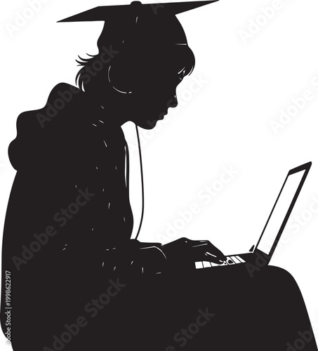 Silhouette of graduate student working on laptop for online education