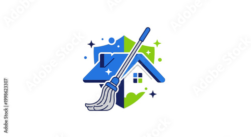 Cleaning service logo with house and broom.