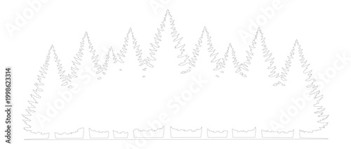 Minimalist pine forest outline vector, simple evergreen tree line silhouette, white coniferous woodland border for winter holiday cards and nature branding