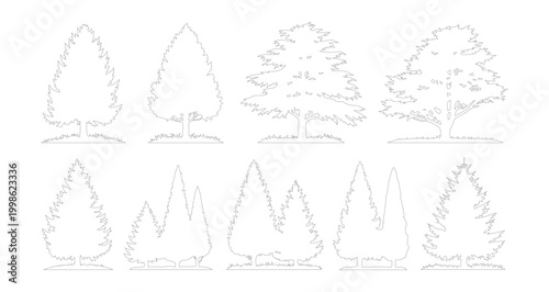 Minimalist line art tree silhouettes, set of 9 thin outline conifer and deciduous tree icons, elegant botanical vector illustrations for landscape design