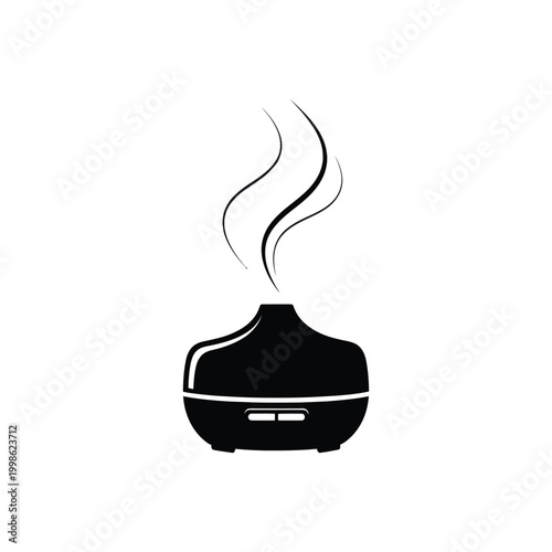Black essential oil diffuser with steam isolated on white background