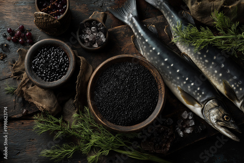 Luxury black sturgeon caviar in elegant glass bowl with fresh fish, rustic gourmet seafood composition, premium delicacy advertising food photography