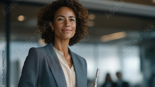 Heavy-set female executive confidently leading boardroom presentation, laser pointer in hand, colleagues engaged, glass and steel office interior, professional competence, weight neutral leadership,