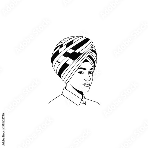 Person wearing striped turban headwear isolated on white background