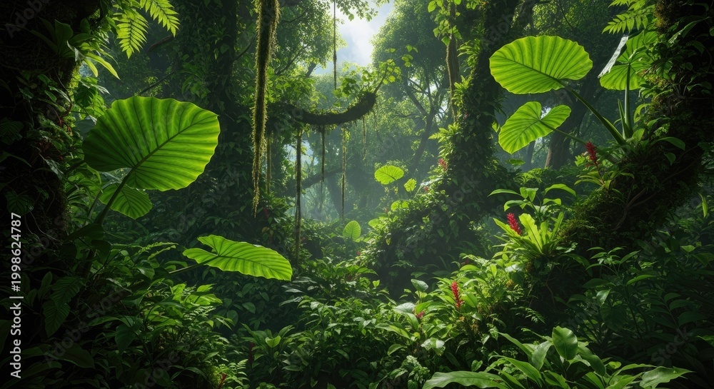 Fototapeta premium Lush rainforest canopy sunlight filtering through tropical foliage