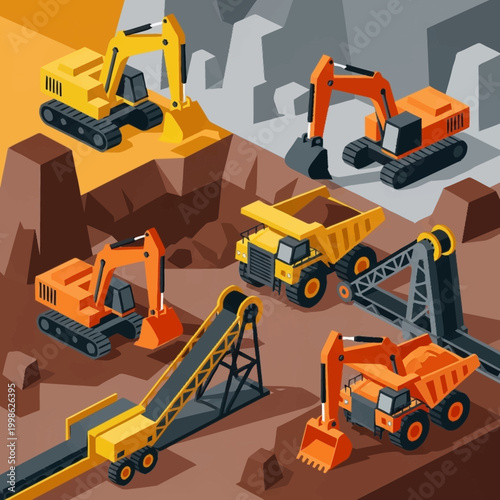 Construction heavy machinery in a quarry scene.