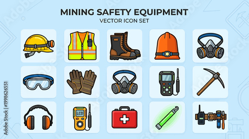Mining safety equipment icons set.