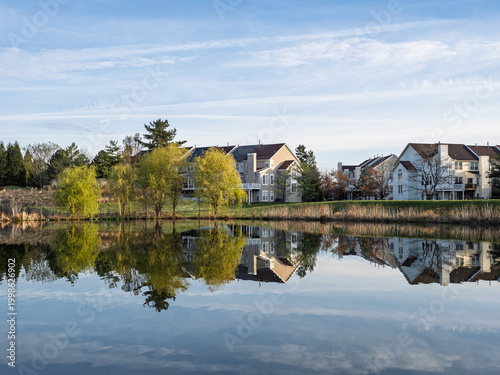 Ashburn Village willow trees and townhomes reflected in a calm pond
