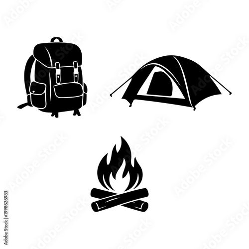 Camping essential silhouette set with backpack, tent, and campfire
