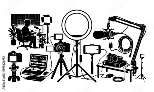 Content creator studio silhouette with ring light and camera setup