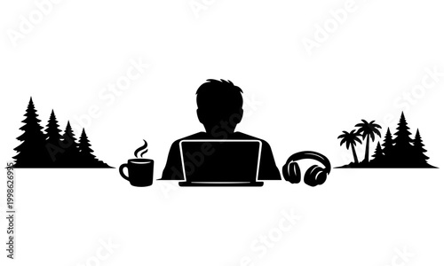 Remote work silhouette with laptop, coffee, and nature elements