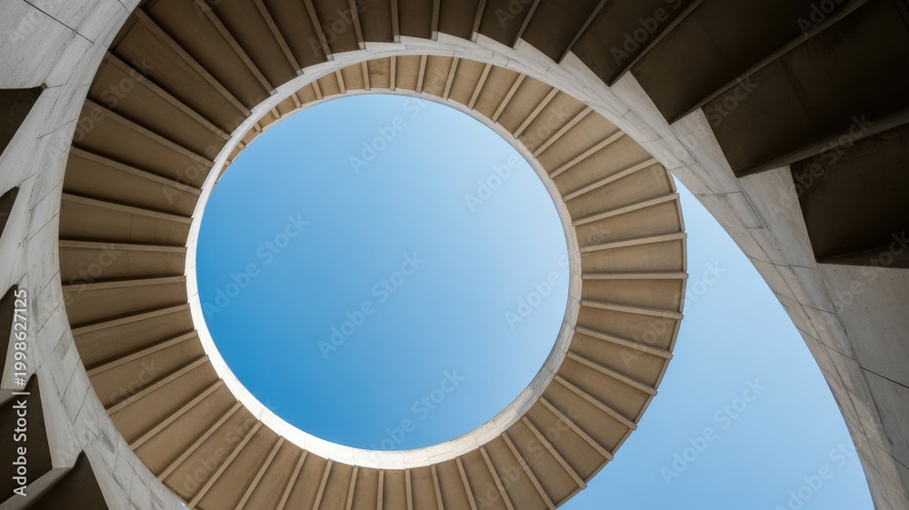 Fototapeta premium Bottom view of a modern concrete spiral staircase looking up at the blue sky