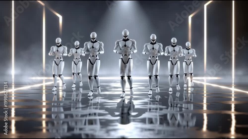 Group of futuristic robots performing a synchronized hip hop dance routine on a reflective stage with bright neon lights and smoke in a modern sci fi environment