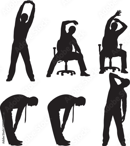 Silhouettes of people doing office exercises and stretches