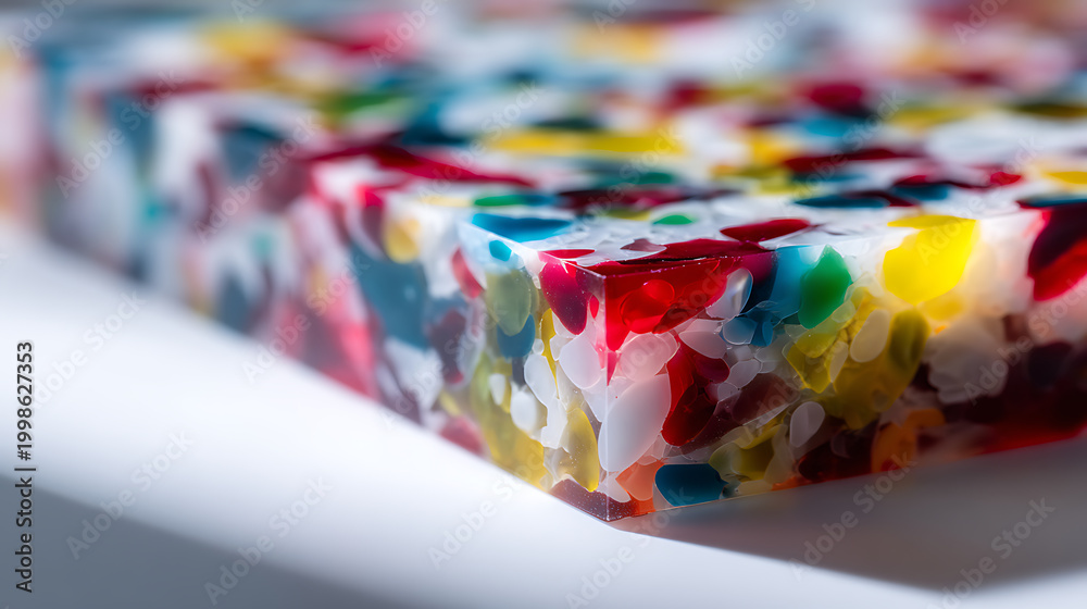 Fototapeta premium Vibrant pattern of colorful elements within a clear material, close-up texture, abstract, bright, modern, creative, art, design background