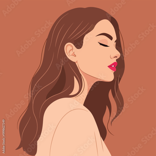 vector illustration of a woman with long brown hair and pink lips on a brown background