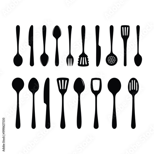 Set of Minimalist Black Kitchen Utensils Vector Illustration for Modern Design and Cooking