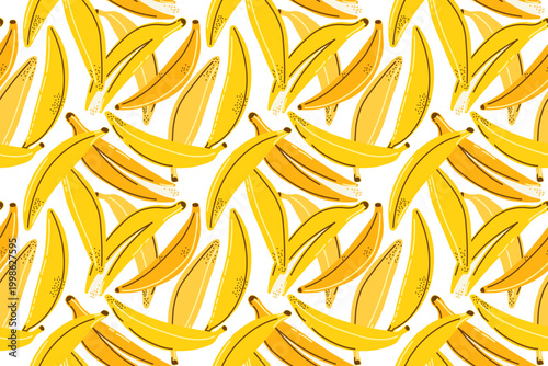 Banana seamless pattern with yellow fruits. Tropical food background for fabric, textile print, wallpaper, wrapping, packing. Vector illustration