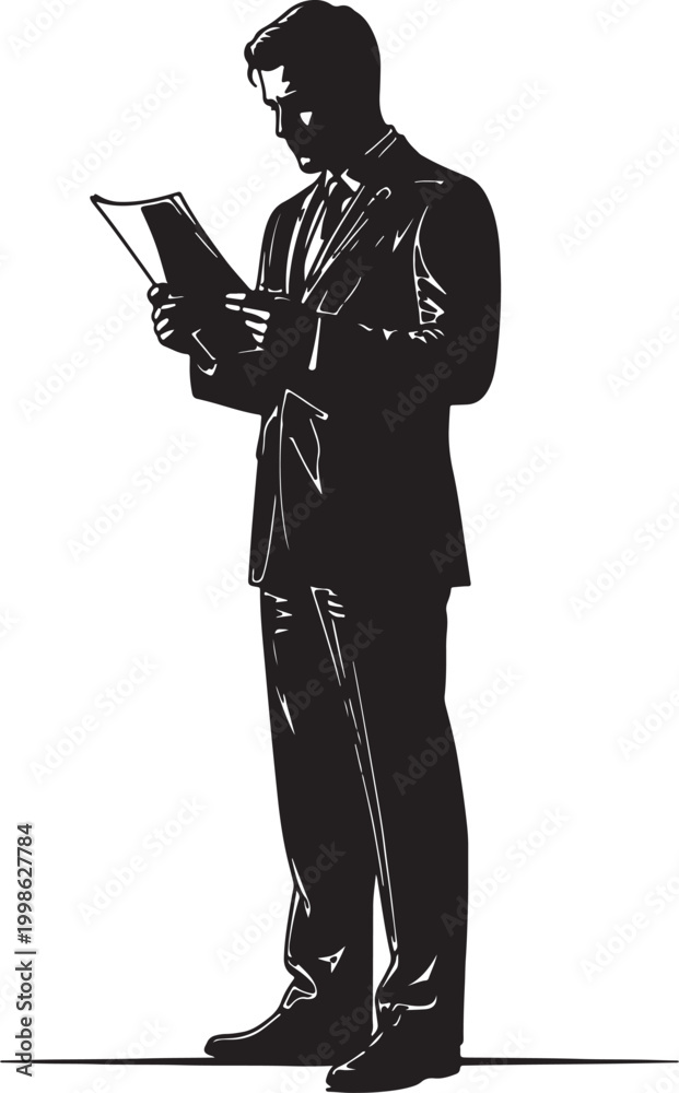Naklejka premium Silhouette of businessman reading document with conveys a sense