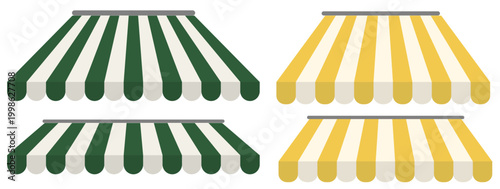 Realistic green, yellow striped awning marquee in different colours. Vector illustration on white background. Front view.