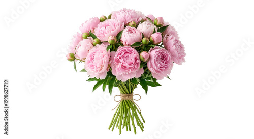 A large bouquet of fresh powder pink peonies with several buds, realistic, soft petals, isolated on a transparent background, professional lighting.