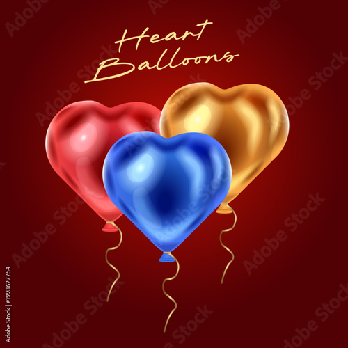 Set of heart shape 3d realistic golden, red and blue glossy holiday balloons. red, blue and golden heart balloons flying up, decorations for birthday or other gala events. Vector illustration