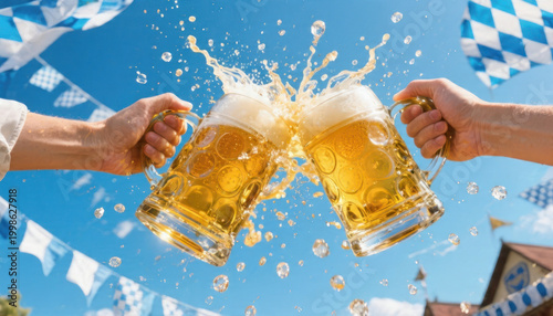 Beer Festival Cheers With Splashing Mugs