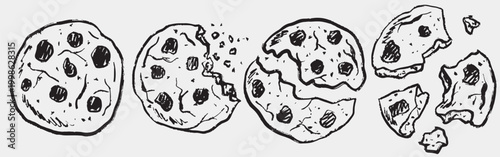Hand drawn collection of chocolate chip cookie being eaten. Vector sketch illustration in vintage crayon charcoal style, ideal for food storytelling, snack branding, culinary backgrounds