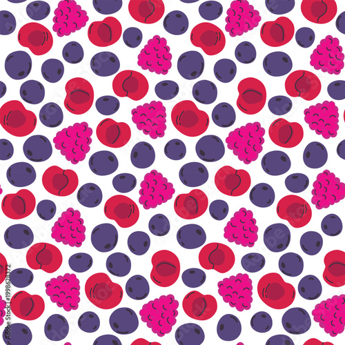 Bright berry seamless pattern with raspberry, blueberry and cherry. Fresh fruit background for juice packaging, kitchen textile, or sweet dessert decor. Vector illustration