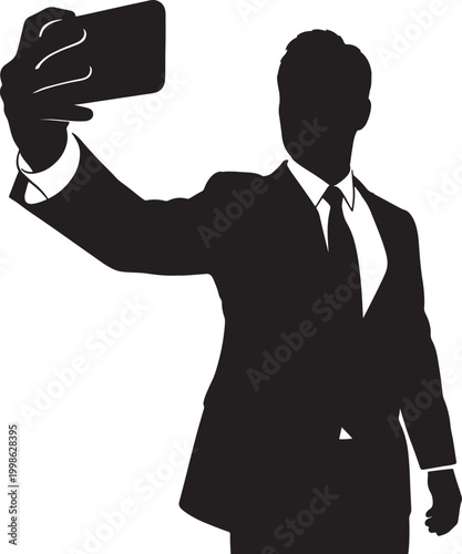 Silhouette of a businessman taking a selfie with phone, taking photo
