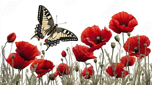 Old world swallowtail butterfly flies near red poppies on white.