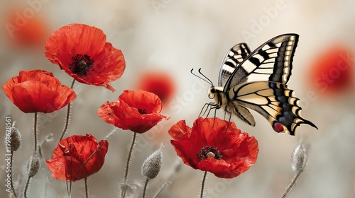 Old world swallowtail butterfly flies near red poppies on white.