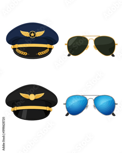 Commercial pilot hat uniform accessories and aviator eyewear set for travel professionals featuring gold emblem badges on dark headwear paired with reflective flight gear sunglasses for skilled