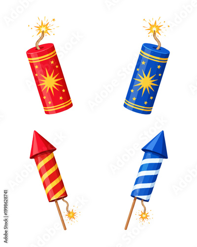 Colorful firework rockets and explosive pyrotechnic tubes for festive celebrations and national holiday events with bright stars and patterns to ignite the night sky during summer festival