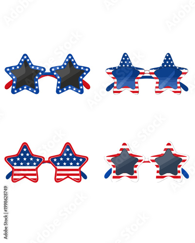 Festive Star Shaped Eyewear With Patriotic Patterns Representing National Celebrations For Summer Holidays And Parades Featuring Red White And Blue Colors Suitable For Expressing Festive Pride
