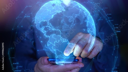 Man holding blue holographic globe with nodes connected around earth. Concept of global network connection, communication, fintech, data exchange, worldwide exchange of information and online banking.