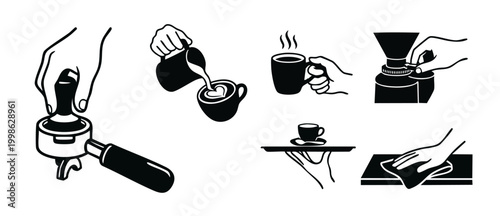 Coffee Shop Barista Icons Set, Professional Espresso Preparation and Service Process, Minimalist Black Silhouette Graphics for Cafe Menu, Restaurant Branding, and Modern Coffee Brewing Workflow Proced