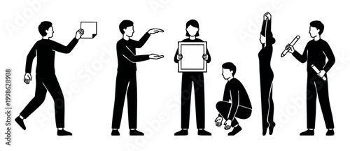 People silhouettes flat vector set, business team characters holding signs and creative tools for presentation and office marketing concepts in minimal black and white style graphic design elements