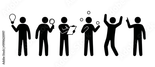 Stick Figure People Set Showing Business Actions and Concepts, Diverse Worker Icons Illustrating Idea Generation, Research, Planning, Juggling, Success and Directional Thinking on White Background