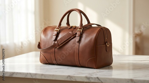 Leather duffel bag rests on a marble tabletop in a softly lit interior, showing rounded handles, polished zipper details, and warm brown texture against a blurred neutral background.