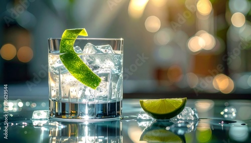 Refreshing gin and tonic cocktail with lime peel
