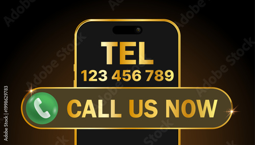 Premium Gold Smartphone Call Button Interface with Phone Number Display and Call Us Now Banner, Luxury Mobile Contact UI Mockup for Marketing Communication Vector Illustration