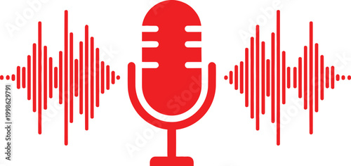 Red microphone and sound wave Vector