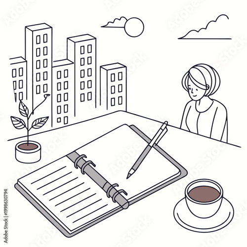 Woman working at desk with notebook pen coffee and cityscape background flat design home office remote work daily life
