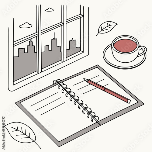 Notebook pen and coffee by the window overlooking a city skyline flat design home office remote work daily life notebook