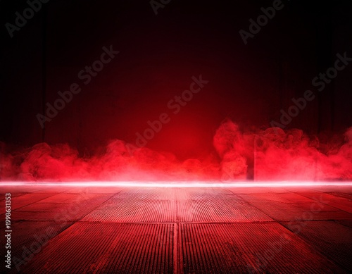 empty room with dark background neon red light concrete floor and smoke background red light
