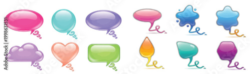 glossy, 3D-style speech bubbles and chat icons featuring playful shapes like stars, hearts, and clouds. These colorful elements, complete with dynamic swirling tails