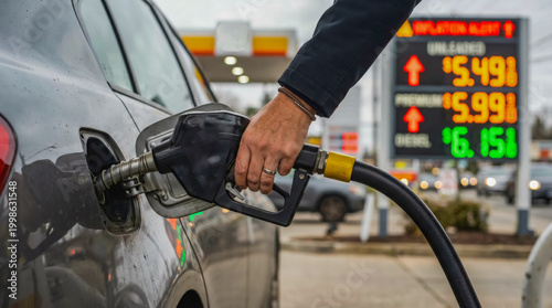 close up of a person refueling a car at a gas station with high fuel prices and an inflation alert displayed on the digital sign in the background, representing rising costs and economic crisis