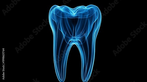 A glowing blue depiction of a tooth reveals its intricate structure and forms. The vibrant lines of light highlight the details beautifully, capturing the essence of dental health