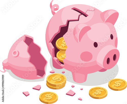 Isometric Black and White Broken Piggy Bank Silhouette with Coins